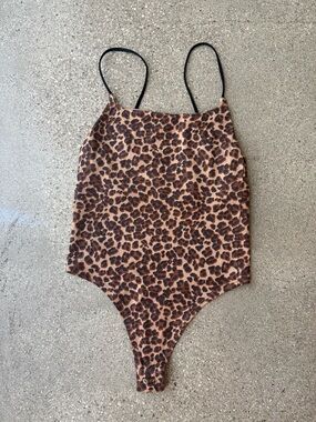 Anthropologie Beige Leopard-Print Bodysuit with Black Straps